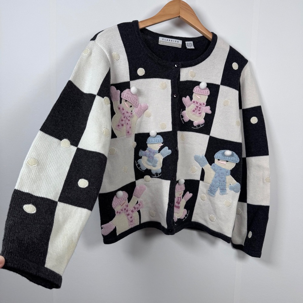 VTG Marisa Christina Cardigan M Patch Snowman Winter Holiday Ugly Sweater Retro